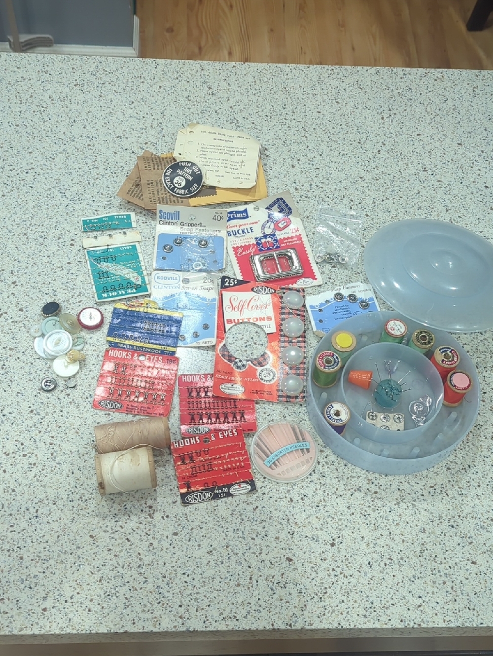 Vintage Sewing Notions Kit with Spools, Buttons & Hooks